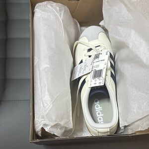 Adidas White Sneakers with Black Stripes and Tan Sole